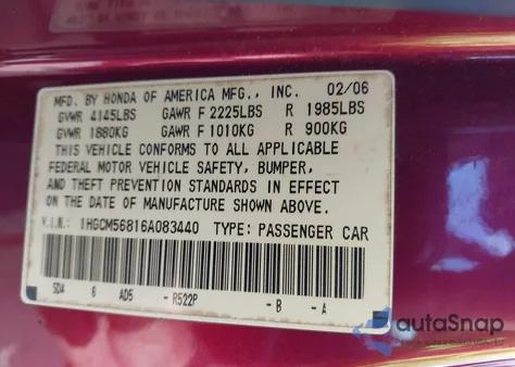 2006 Honda Accord 2.4 Ex from USA, damaged, VIN 1HGCM56816A083440